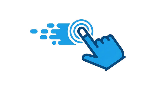 A blue hand icon clicking on a digital button with motion graphics