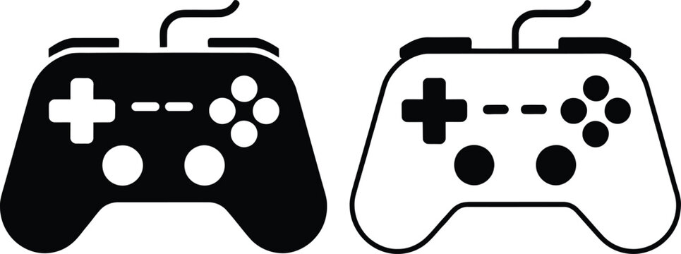 Two different video game controllers side by side in black and white illustration