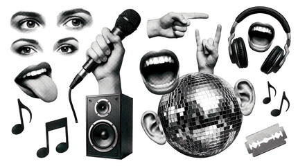A collage of abstract elements including eyes lips microphones hands a disco ball headphones musical notes and a razor blade in a halftone style party nightlife entertainment