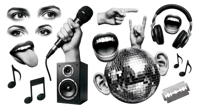 A collage of abstract elements including eyes lips microphones hands a disco ball headphones musical notes and a razor blade in a halftone style party nightlife entertainment