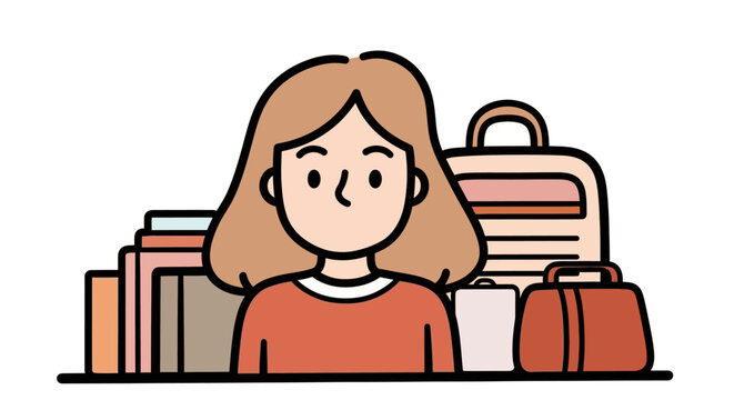 Young woman with luggage and books, ready for travel or study