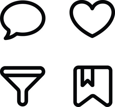 Four distinct icons representing communication, love, funnel process, and social media