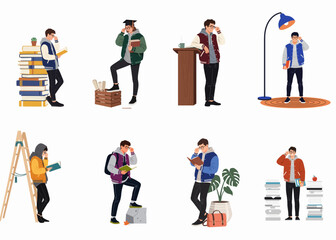Obraz premium Diverse Set of College Students in Varsity Jackets Studying and Posing with Books, Flat Vector Illustration Concept for Education and University Life.