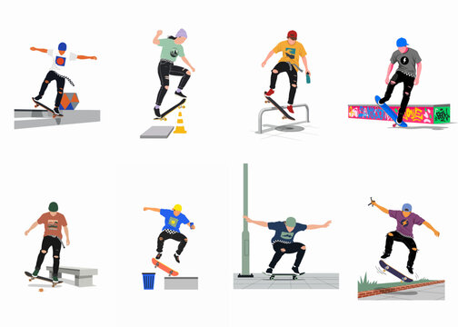 Collection of flat vector illustrations featuring diverse skateboarders performing various street tricks on rails, ledges, and urban obstacles.