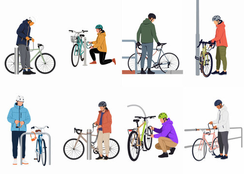 Illustration set of various people in helmets securing their bicycles with different types of locks to racks and poles in the city.