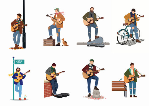 Collection of male street musicians or buskers playing acoustic guitars in various urban settings, dressed in casual autumn and winter clothing.