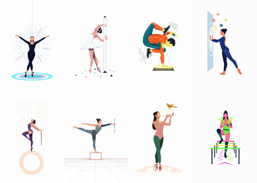 Vector collection of stylized performers, gymnasts, and dancers in various artistic poses and costumes for creative projects.