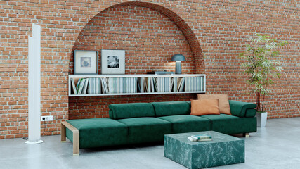 Obraz premium 3D render, illustration Luxury modern living room interior, realistic lighting, wide angle, contemporary furniture, clean lines, minimalist decor, elegant home design, large window