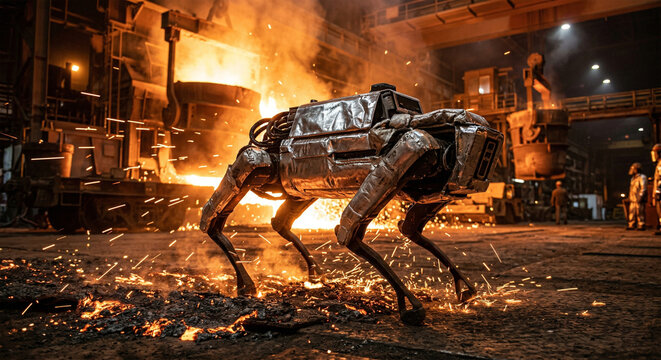 A high-resolution commercial action shot of a heavy-duty, four-legged industrial robot navigating molten slag and intense heat in a steel foundry. Sparks fly across its heat-shielded chassis. 