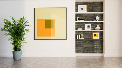 Obraz premium 3D render, illustration Luxury modern living room interior, realistic lighting, wide angle, contemporary furniture, clean lines, minimalist decor, elegant home design, large window