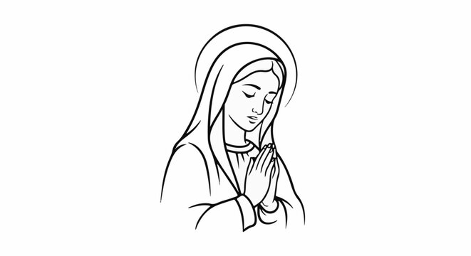 A simple line drawing of a woman in prayer, with a halo