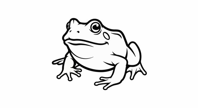 Black and white cartoon drawing of a smiling frog with big eyes