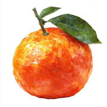 Bright Orange Tangerine Fruit With Green Leaf Isolated On White Background Low Poly Style