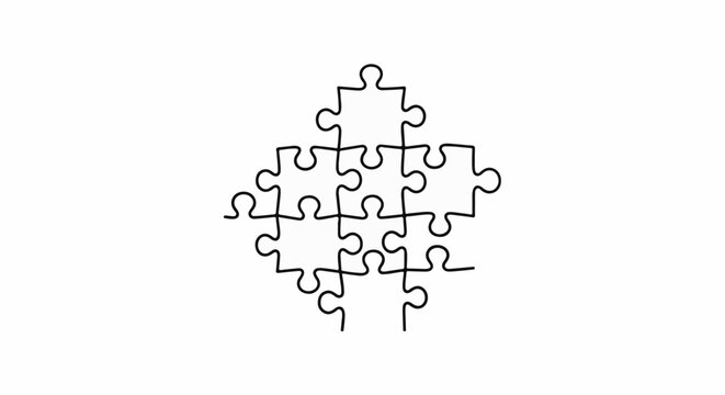 Black line art of a puzzle with many pieces on white background