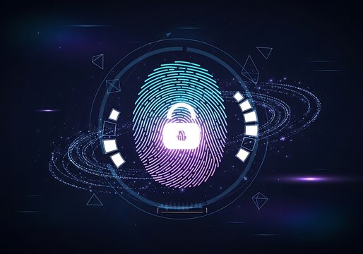 Futuristic Fingerprint Lock Icon Central to Neon Abstract Circle
