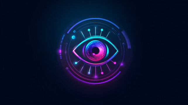 Artificial intelligence eye radar tracker with Circle Technology icon logo vector design concept. AI technology logotype symbol for search, check, examine, audit, follow, finding, verify, analyze.