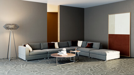 Obraz premium 3D render, illustration Luxury modern living room interior, realistic lighting, wide angle, contemporary furniture, clean lines, minimalist decor, elegant home design, large window