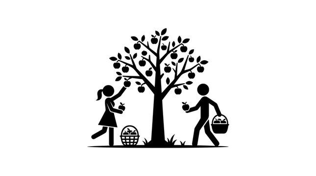 People Harvesting Apples from a Tree Stick Figure