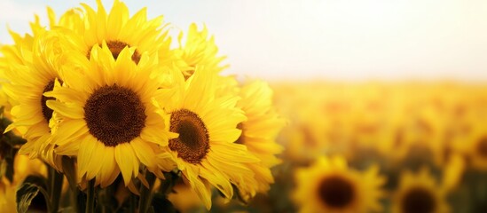 Obraz premium Bright sunflower bouquet in foreground, blurred endless sunflower field background, strong sunlight, vibrant yellow tones, high detail, concept