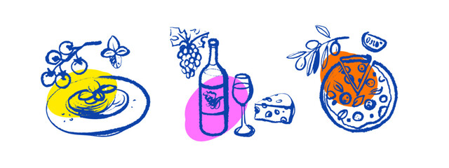 Vintage summer Italian Mediterranean stickers set. Hand drawn crayon isolated vector illustration. Amalfi sketch vacation design. Wine, grapes, cheese, tomato, olive, pizza collage. © pim