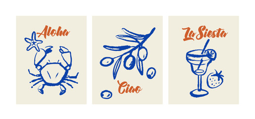 Vintage summer Italian Mediterranean food set. Hand drawn crayon isolated vector illustration. Sketch vacation restaurant menu design. Crab, olives, cocktail, berry. © pim