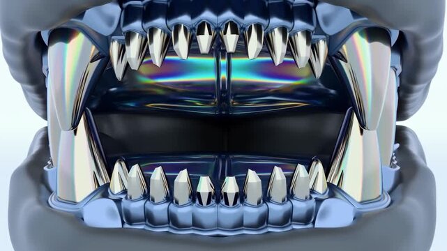 Robotic bear jaw opening with prismatic glass for cyber video.