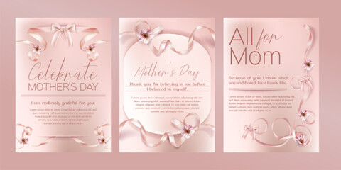 Card with spring flowers and happy Mother Day celebration design. Elegant floral card with pink sakura blossoms, decorative ribbons and congratulation template for birthday or greeting poster. © vectorpouch