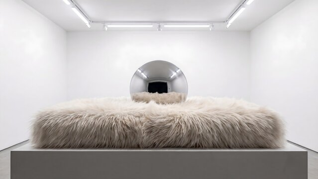 A large fluffy bed sits on a grey platform in a minimalist white room with a silver sphere.