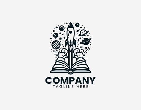 Open book with rocket and space elements is illustrated in clean modern black vector logo style on white background