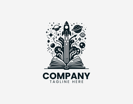 Open book with rocket and space elements is illustrated in clean modern black vector logo style on white background