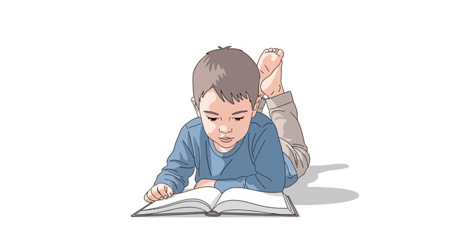 Young boy reading a book lying down.