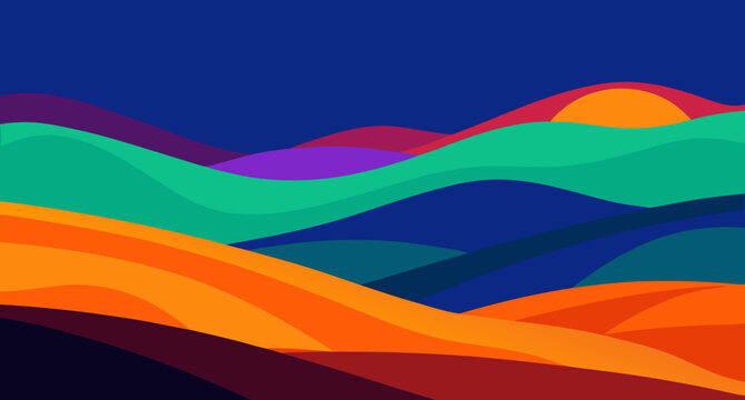 Vibrant minimalist landscape illustration featuring colorful rolling hills and a setting sun