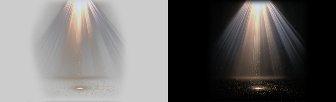 Warm volumetric spotlight beams shining down on stage floor with floating dust particles overlay effect isolated on transparent background PNG