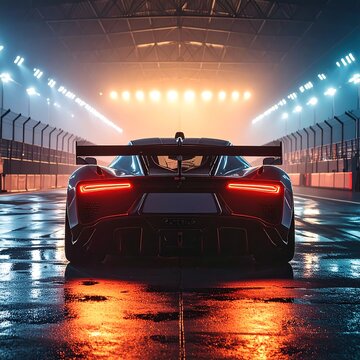A sleek sports car on a wet racetrack at dusk (1)