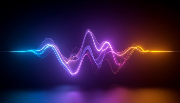 Abstract neon background glowing sound waves motion purple orange blue audio waves noise frequency waveform music track voice recording audio spectrum futuristic digital aesthetic cinematic