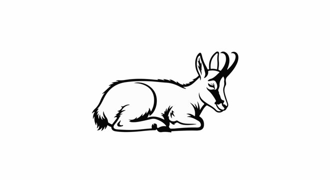 Stylized black and white illustration of a resting wild goat with curved horns