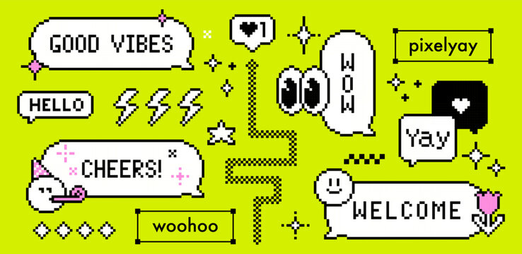 Pixel party celebration icon set. Y2k inspired 8 bit speech bubbles with text Cheers, Yay, Welcome, Wow on bright green background. Retro gaming style vector elements for digital nostalgic design