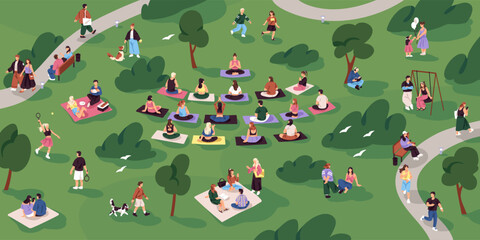 Fototapeta premium Group yoga training in park in summer. People meditate on green grass in nature. Crowd of men and women walk dogs, stroll, do fitness exercises, have a picnic outdoors. Flat vector illustration