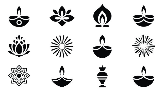 Premium Diwali Diya Silhouette Set - Traditional Indian Festival Oil Lamp Icons - Spiritual Lotus and Floral Mandala Collection - Minimalist Zen Celebration Vector Elements.