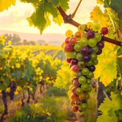 Fototapeta premium A serene vineyard scene with ripe grapes at sunset