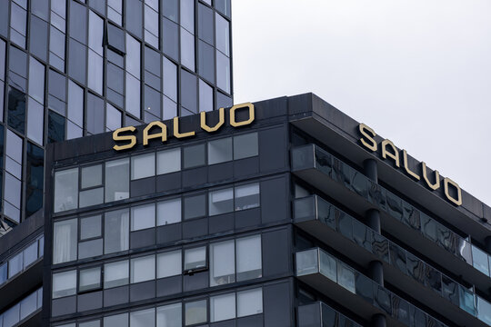 The Salvo logo on a residential apartment tower in Melbourne. It is a property development company.