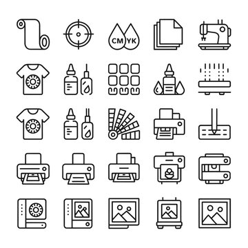 Collection of line art icons representing printing and textile design