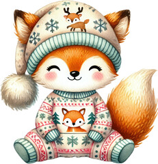 Obraz premium Fox winter sweater cute cartoon watercolor fox cub in knit sweater and hat with snowflake pattern