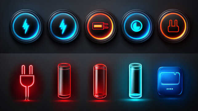 Battery charge indicator icons set. Charging level full power low to high up and electric plug. Gadget alkaline energy status vector illustration