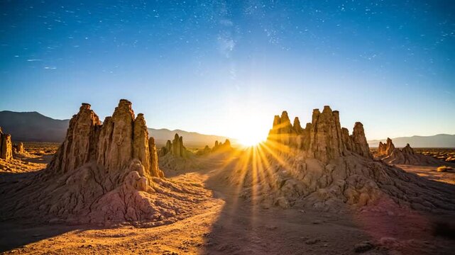 Time-lapse of the night sky turning into sunrise over the otherworldly tufa formations in California