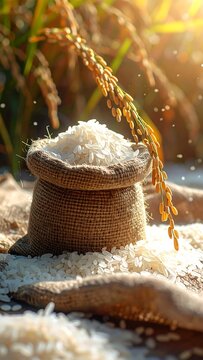 A burlap sack overfilled with white rice