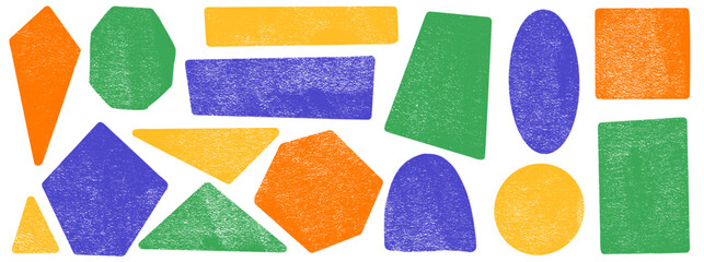 Obraz premium Childish school shapes in bright colors with crayon or ink and geometric frame. Geometry shape set with diamond, triangle, rectangle and arch. Hand drawn kindergarten vector elements for quote sticker