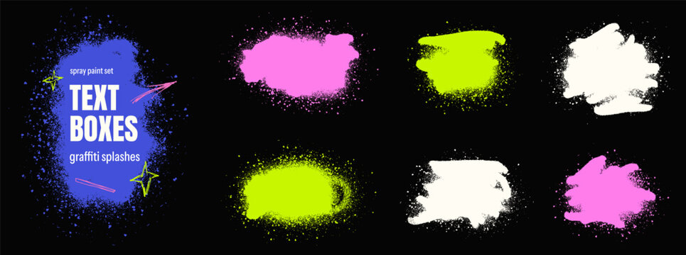 Neon spray frame spots with acid fuchsia lime and white paint splatter. Bold graffiti spray frames shapes for esport and punk rock poster. Dynamic vector texture with grainy noise and dot grit set.