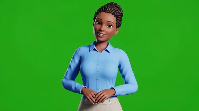 A simple and clean 3D animated female avatar in a blue shirt, presented on a green screen background. Perfect for presentations, explainer videos, or corporate animations.