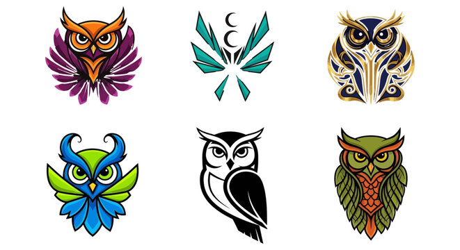 Creative owl character icon collection featuring diverse artistic styles and colorful illustrations for branding and design